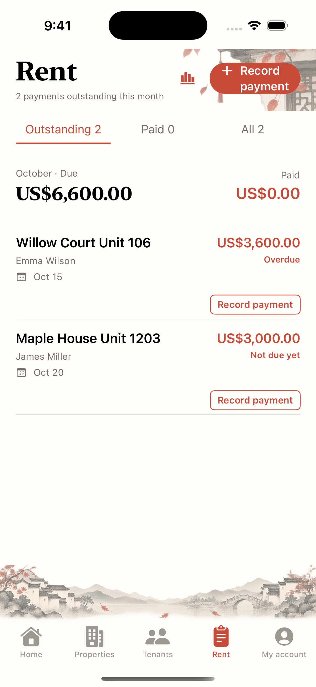 Landlady rent ledger with bill statuses