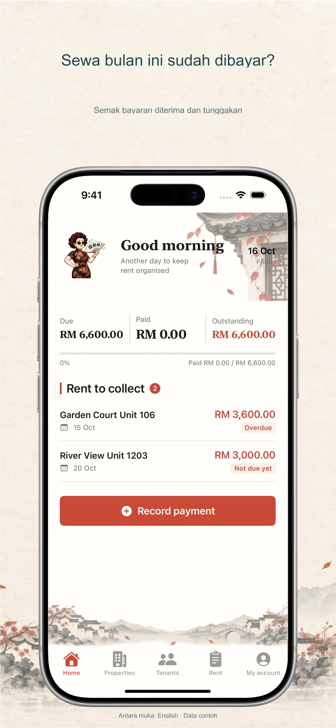 Skrin utama rekod sewa Landlady